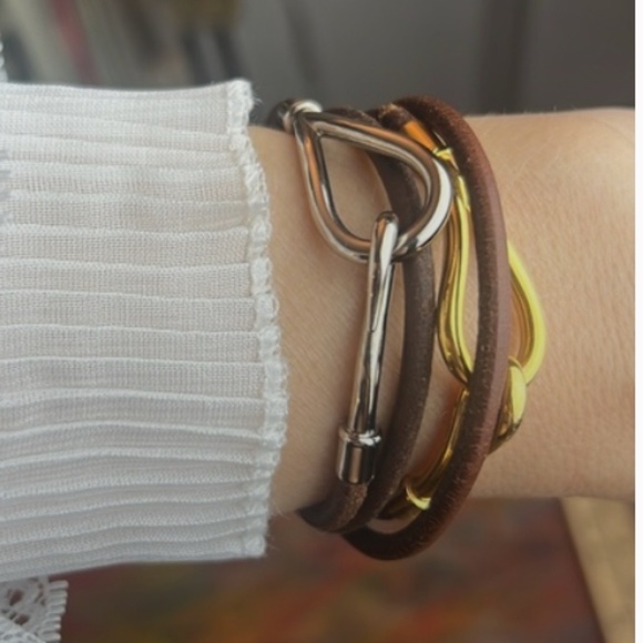Hermès Jumbo Double Wrap Bangle Bracelet Gold-tone Hardware & Brown Leather &Box - Picture 15 of 16